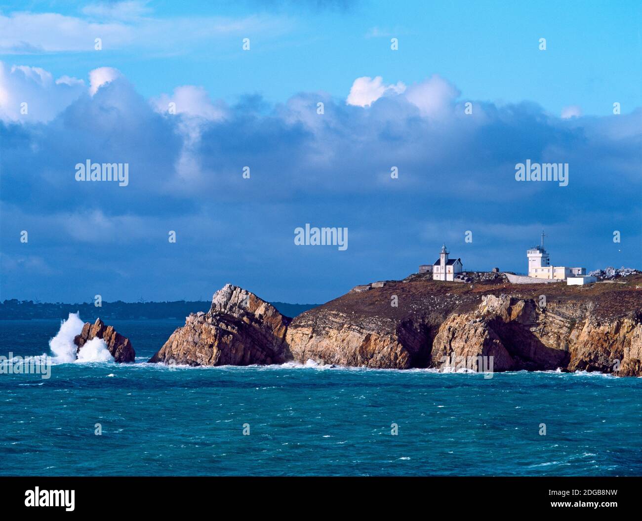 Lighthouse at Pointe Du Toulinguet, Celtic Sea, Finistere, Brittany, France Stock Photo