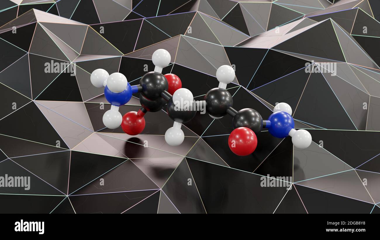 Glutamine (lglutamine, Gln, Q) amino acid molecule. 3D rendering. Ball