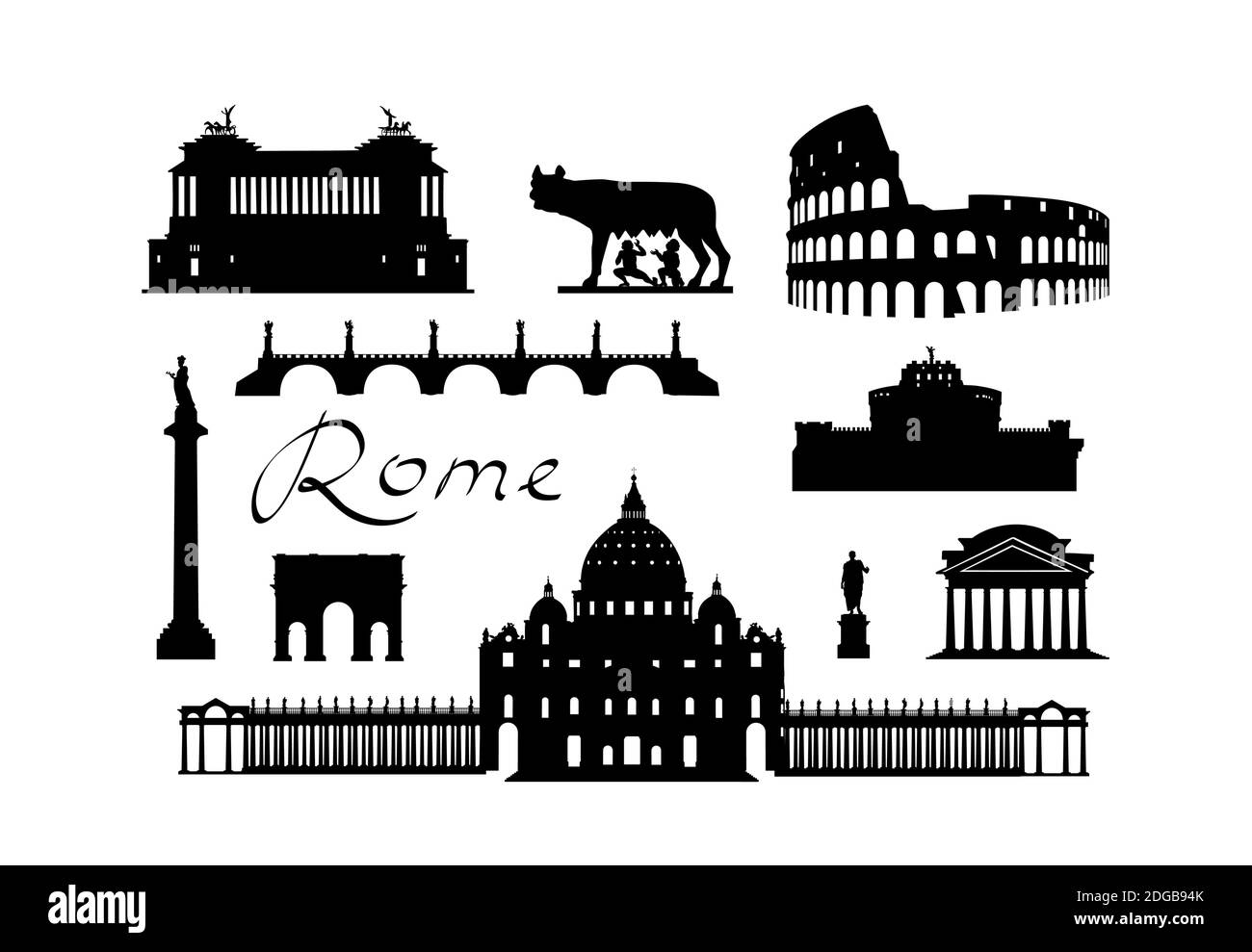 Rome travel landmark set. Italian famous places silhouette icons. Architecture, building, arch, monument, brindge, sculpture main sightseeing tourist Stock Vector