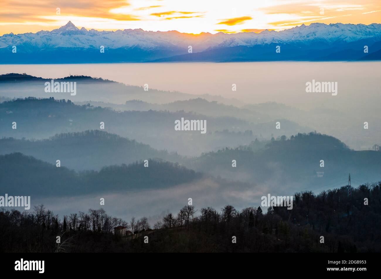 The Alps seen from Superga Hill. Turin, Piedmont, Italy, Europe Stock Photo