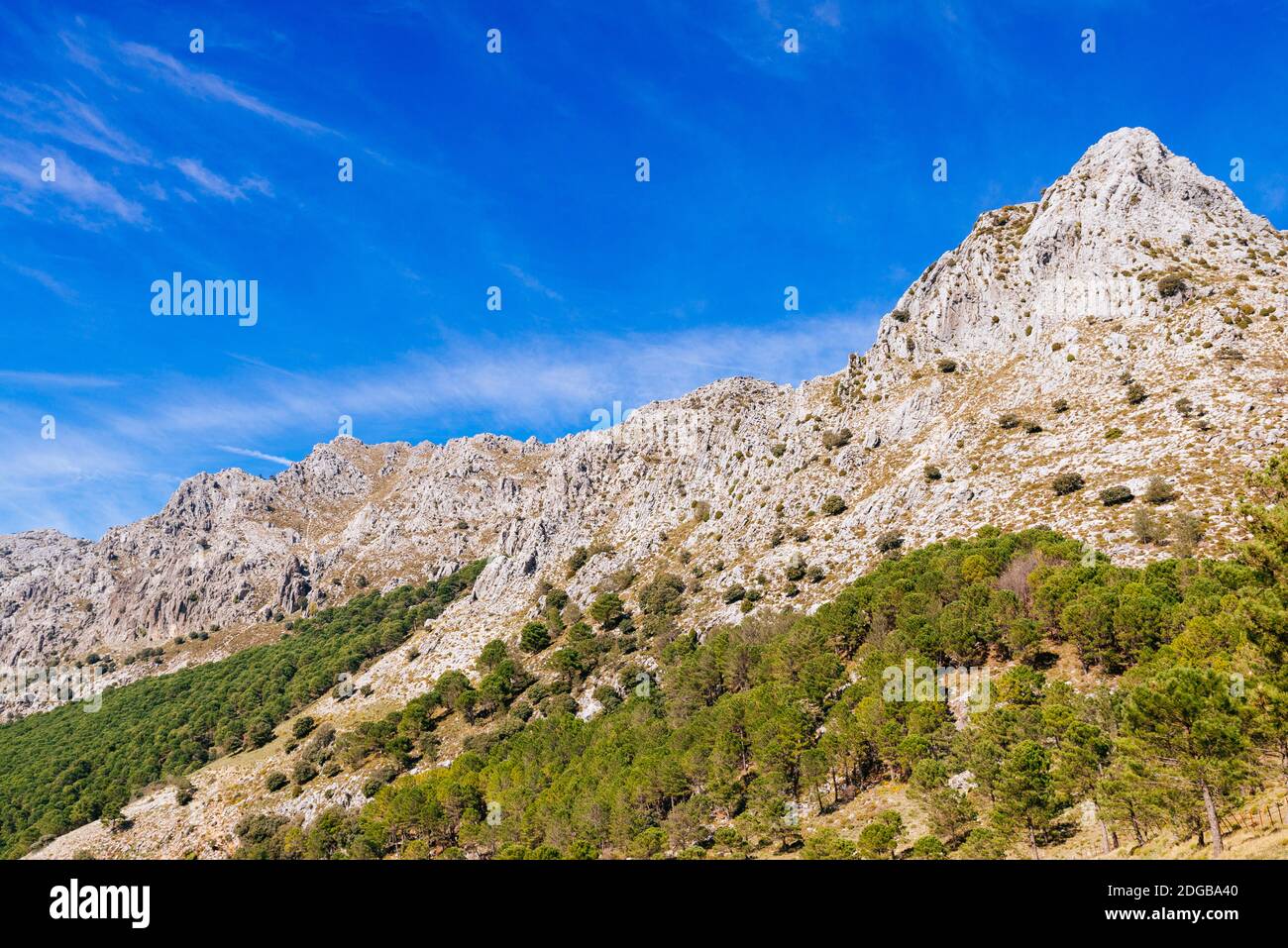High mountains of limestone rock above the mountain pass of El Boyar - Puerto del Boyar. Grazalema, Cádiz, Andalucía, Spain, Europe Stock Photo
