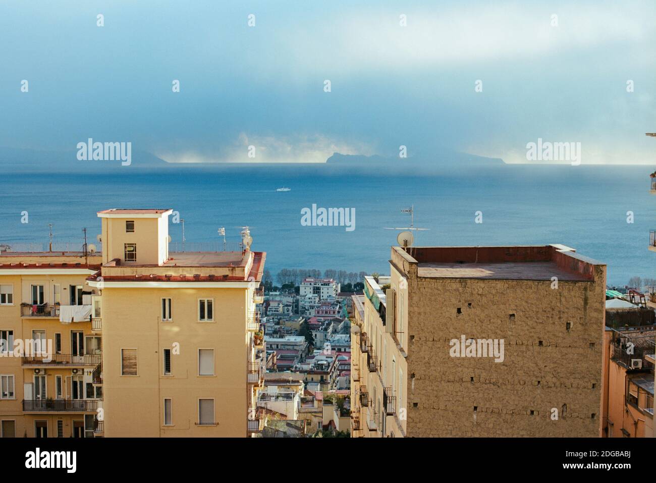 Sea and Naples coast with houses, Italy Stock Photo