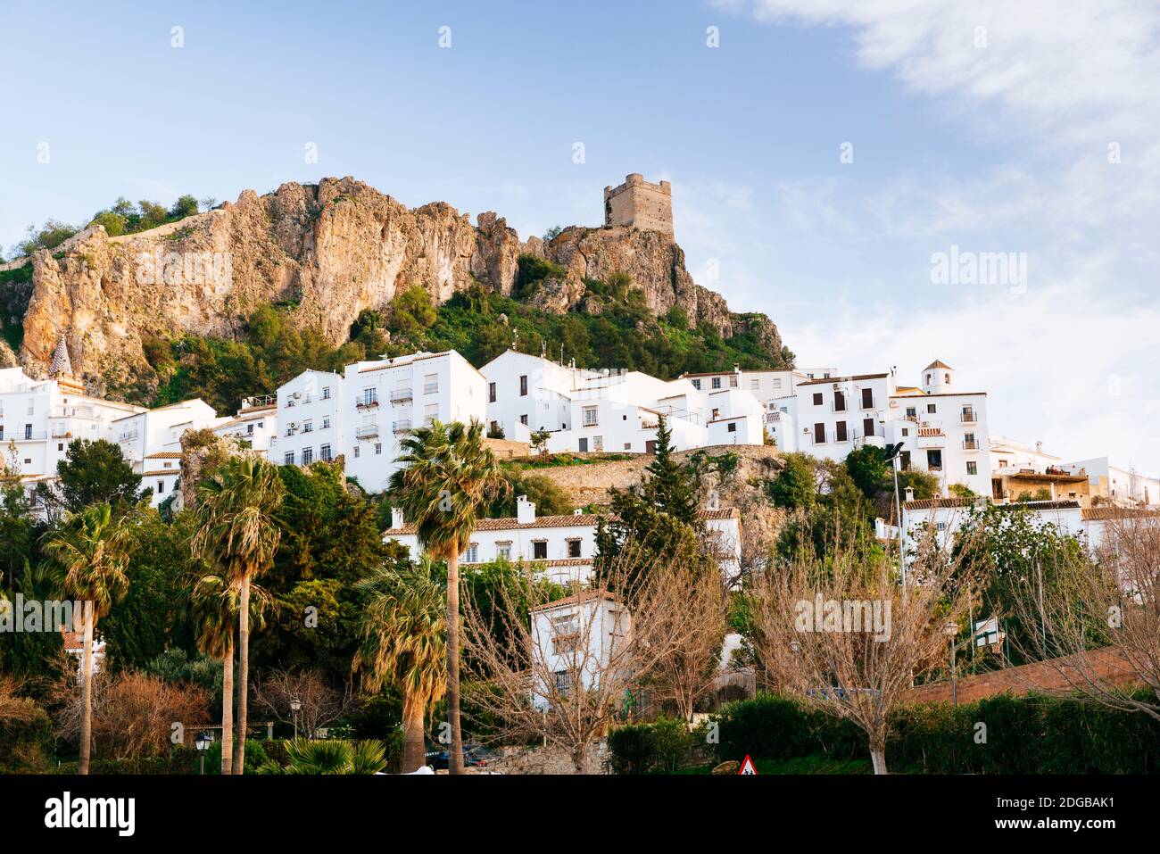 The whitewashed village of Zahara de la Sierra at sunset. Zahara de la ...