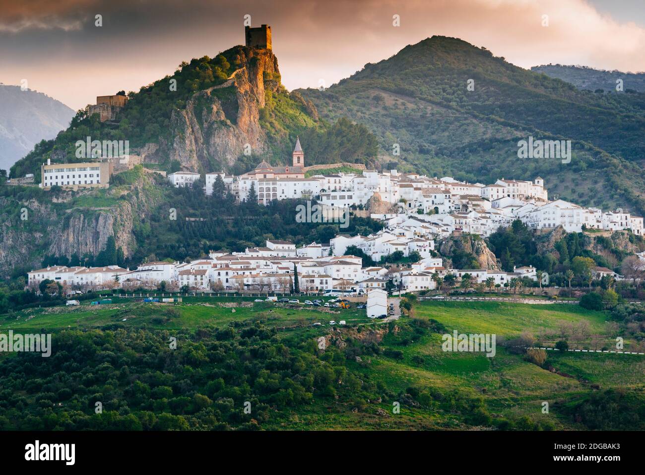 The whitewashed village of Zahara de la Sierra at sunset. Zahara de la ...