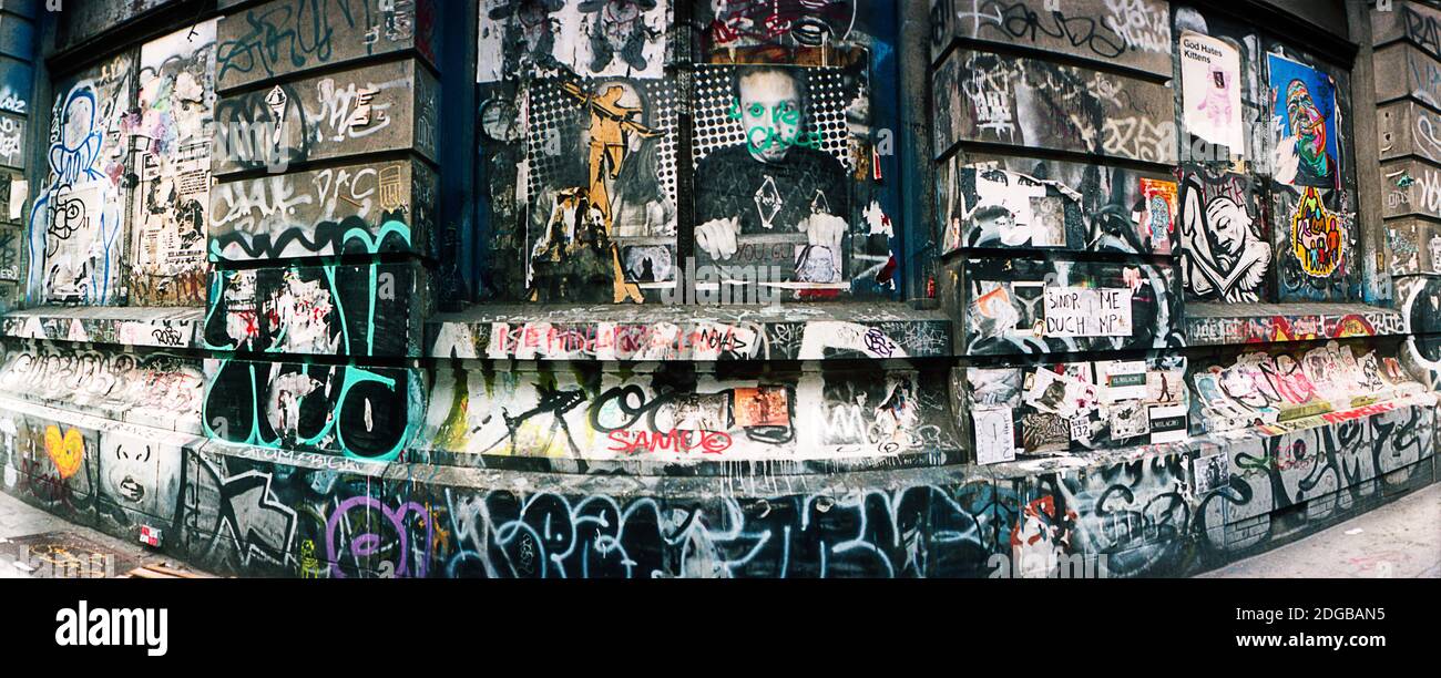 Graffiti covered Germania Bank Building on Bowery Street, Soho, Manhattan, New York City, New York State, USA Stock Photo