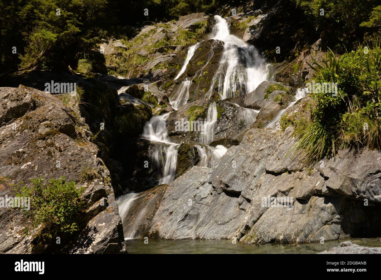 Waterfall at Haast Pass at Mount Aspiring National Park Stock Photo