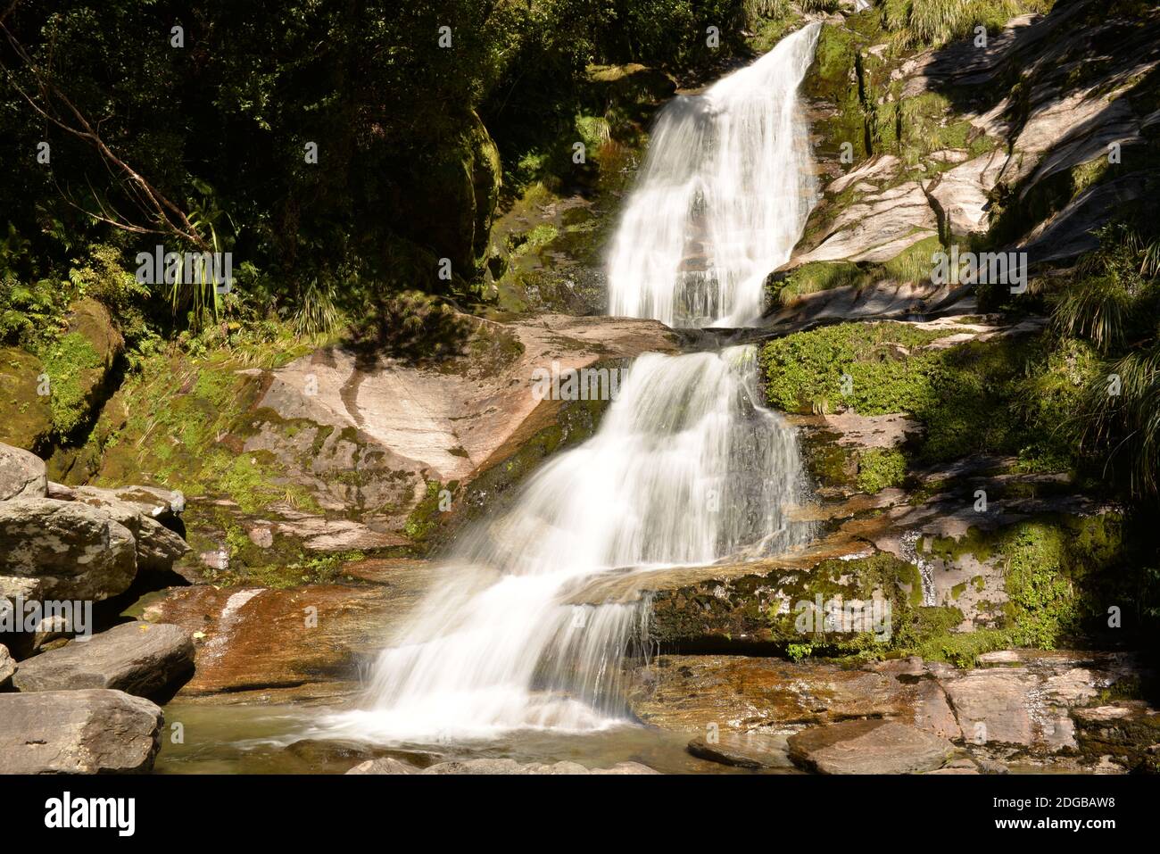 Waterfall at Haast Pass at Mount Aspiring National Park Stock Photo