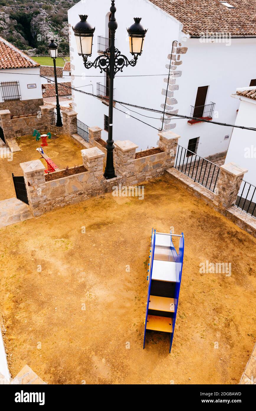 Playground. Villaluenga del Rosario located at an altitude of 858 meters, being the highest and, in turn, the smallest town in the province of Cádiz. Stock Photo
