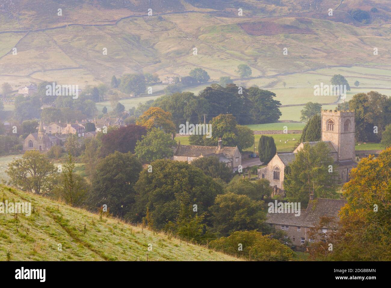 High angle view of a village, Burnsall, Yorkshire Dales National Park, North Yorkshire, England Stock Photo