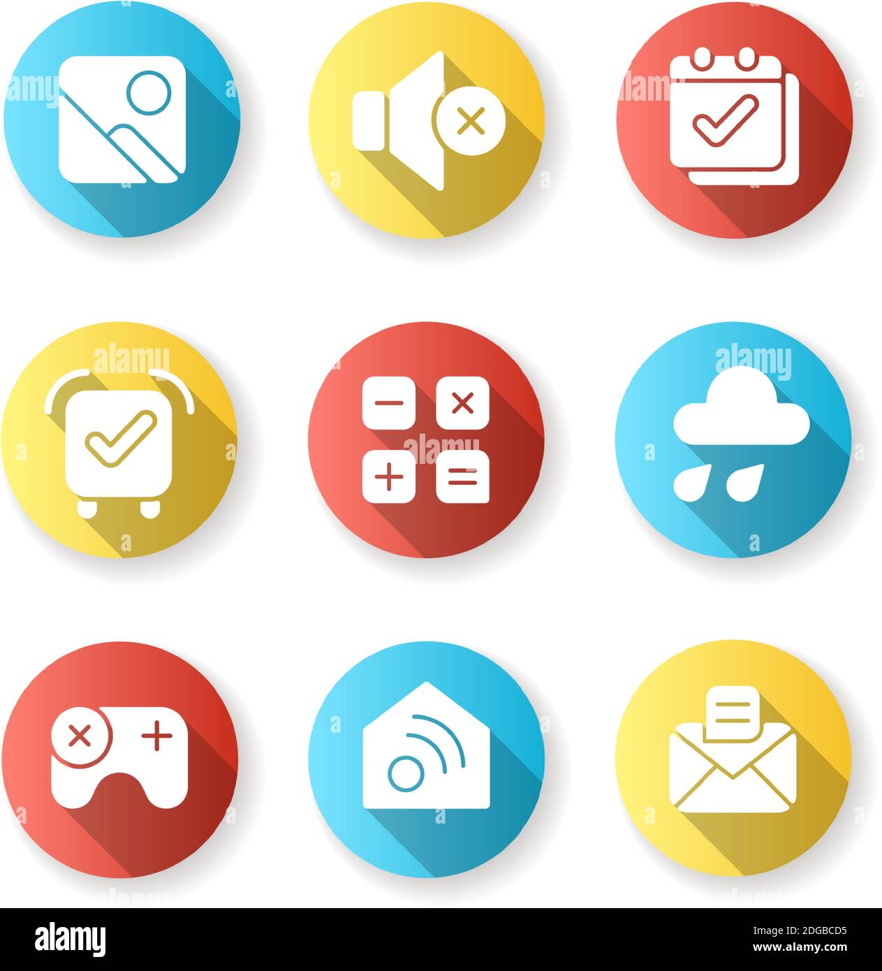 Smartphone interface flat design long shadow glyph icons set Stock Vector