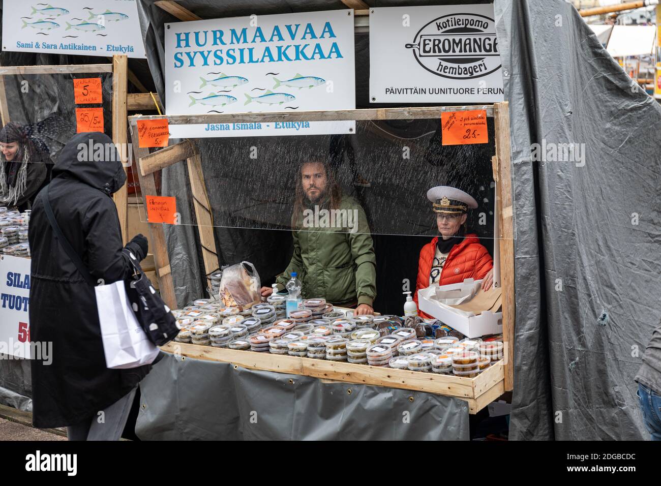 Baltic herring products being sold from fishing boat at Helsinki Baltic