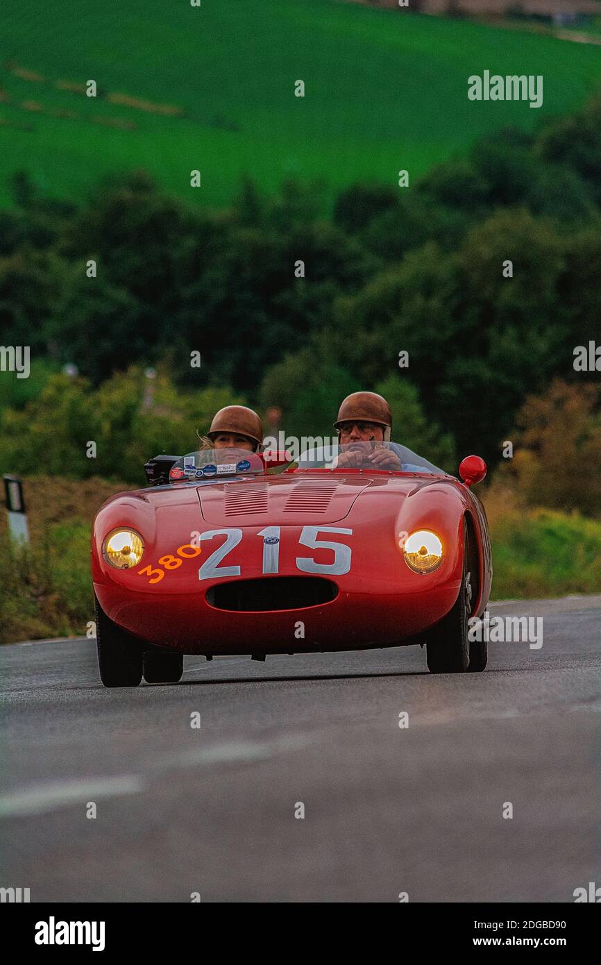 CAGLI , ITALY - OTT 24 - 2020 : OSCA S187/750 1956 on an old racing car in rally Mille Miglia 2020 the famous italian historical Stock Photo