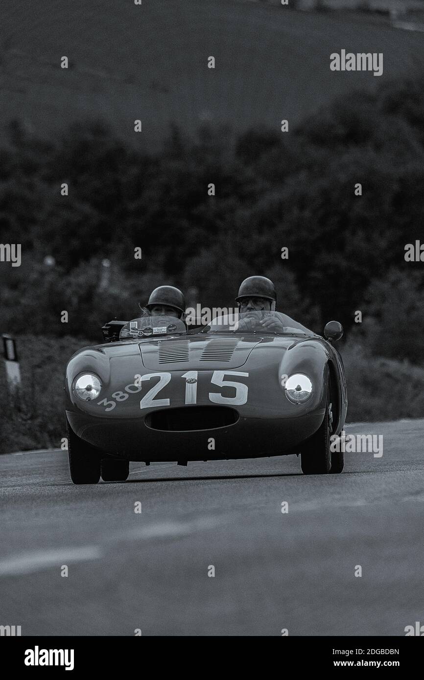 CAGLI , ITALY - OTT 24 - 2020 : OSCA S187/750 1956 on an old racing car in rally Mille Miglia 2020 the famous italian historical Stock Photo
