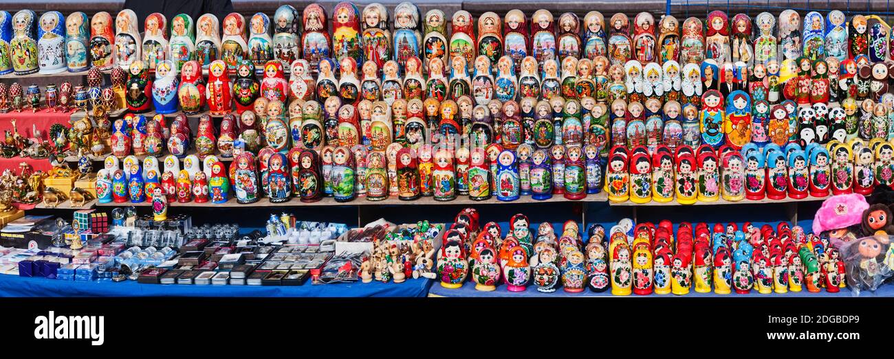 Display of the Russian nesting dolls at souvenir's shop, Moscow, Russia Stock Photo