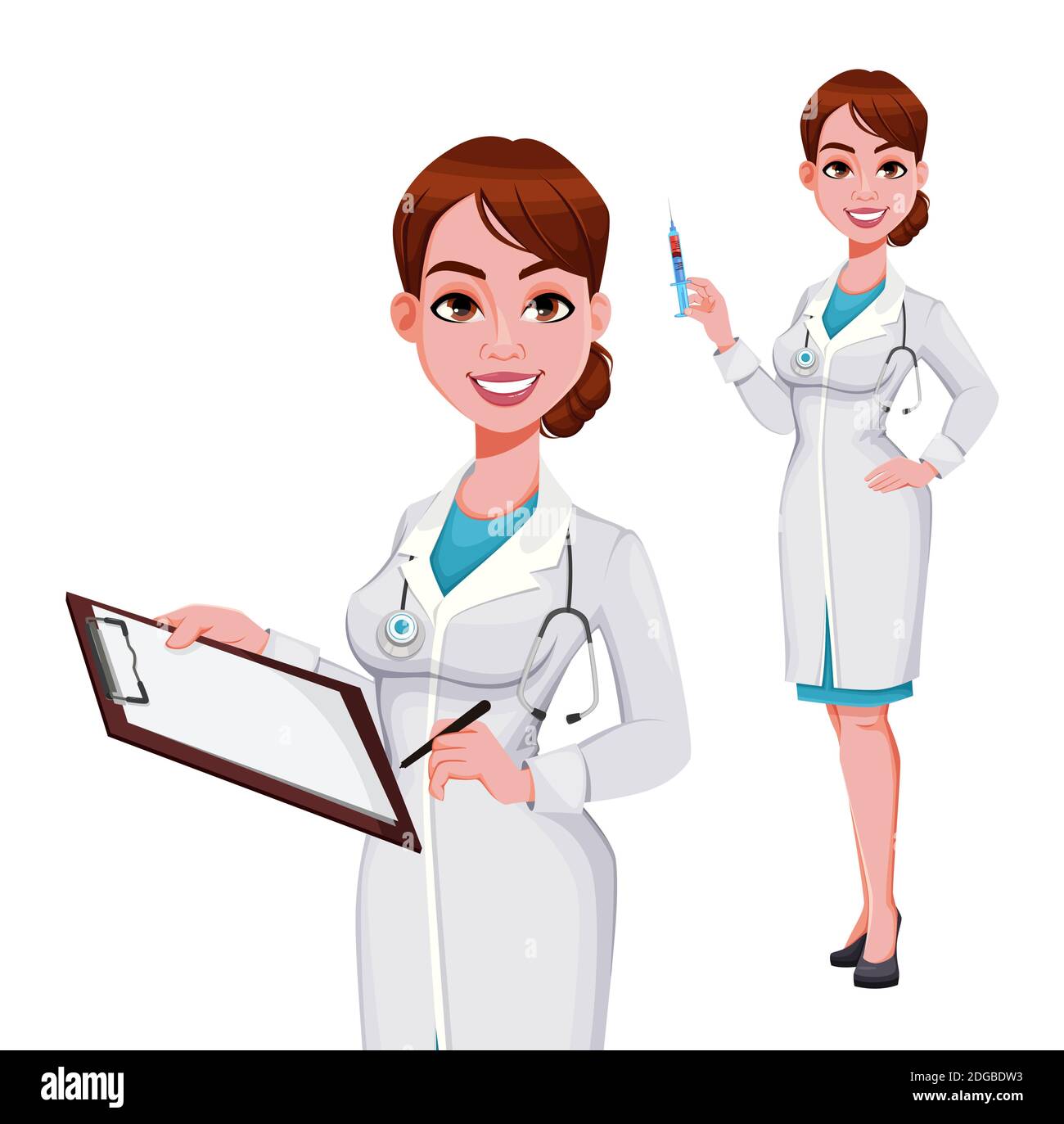 Stock vector cheerful doctor cartoon character, set of two poses