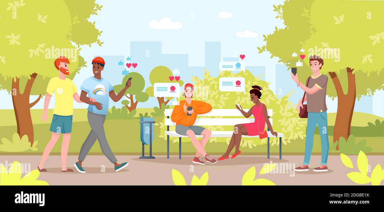 Cartoon flat young woman man friend characters sitting on bench in city park, holding smartphone in hand for selfie or chat in social media background Stock Vector