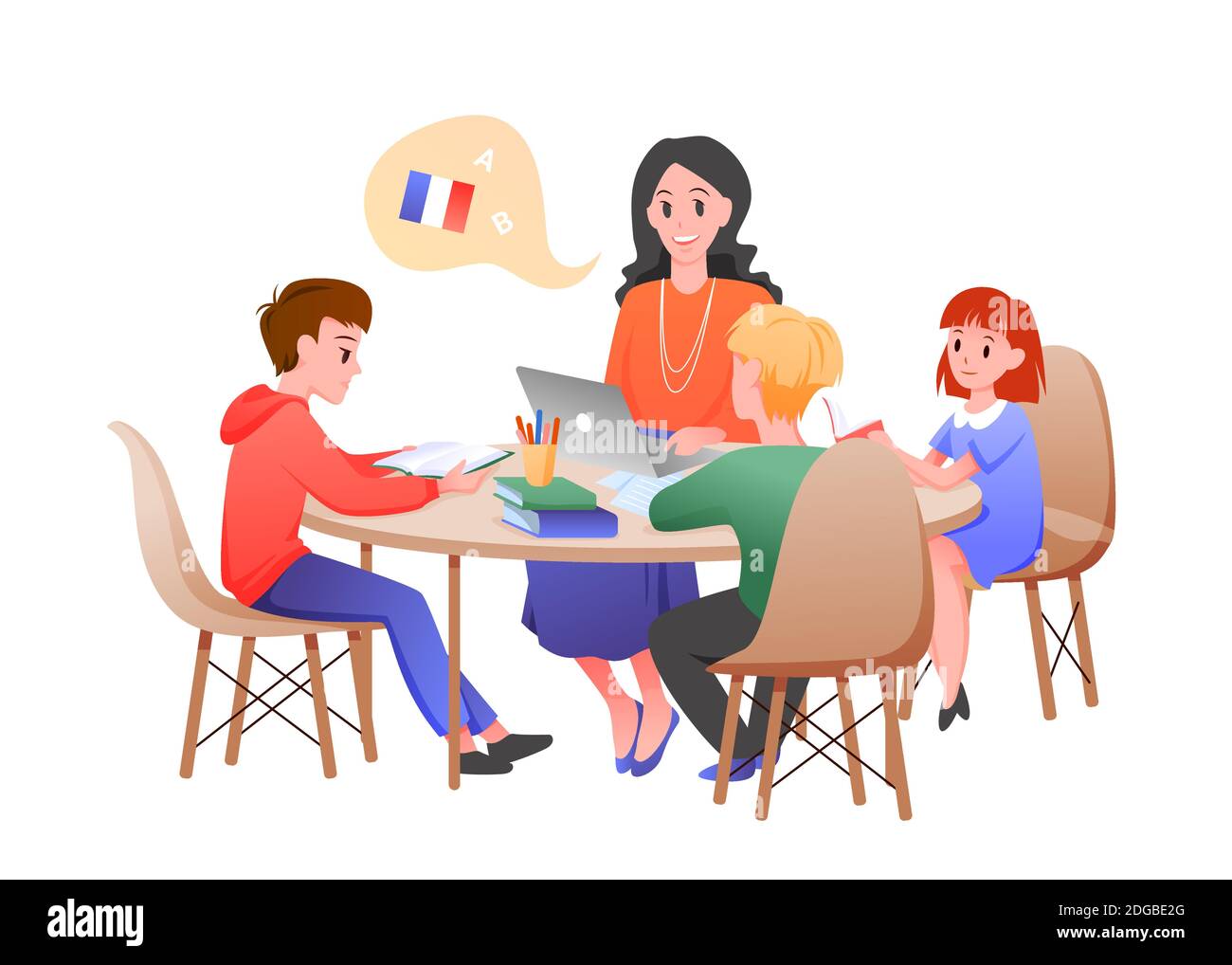 Children study on French lesson in classroom with teacher Stock Vector