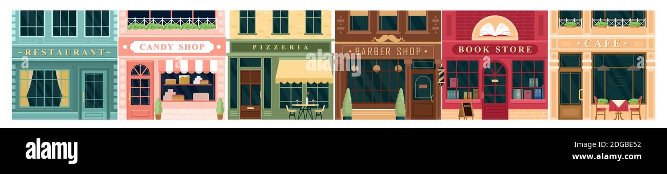 City building vintage facade vector illustration set. Cartoon house exterior with entrance collection, front view and signboard of restaurant candy Stock Vector