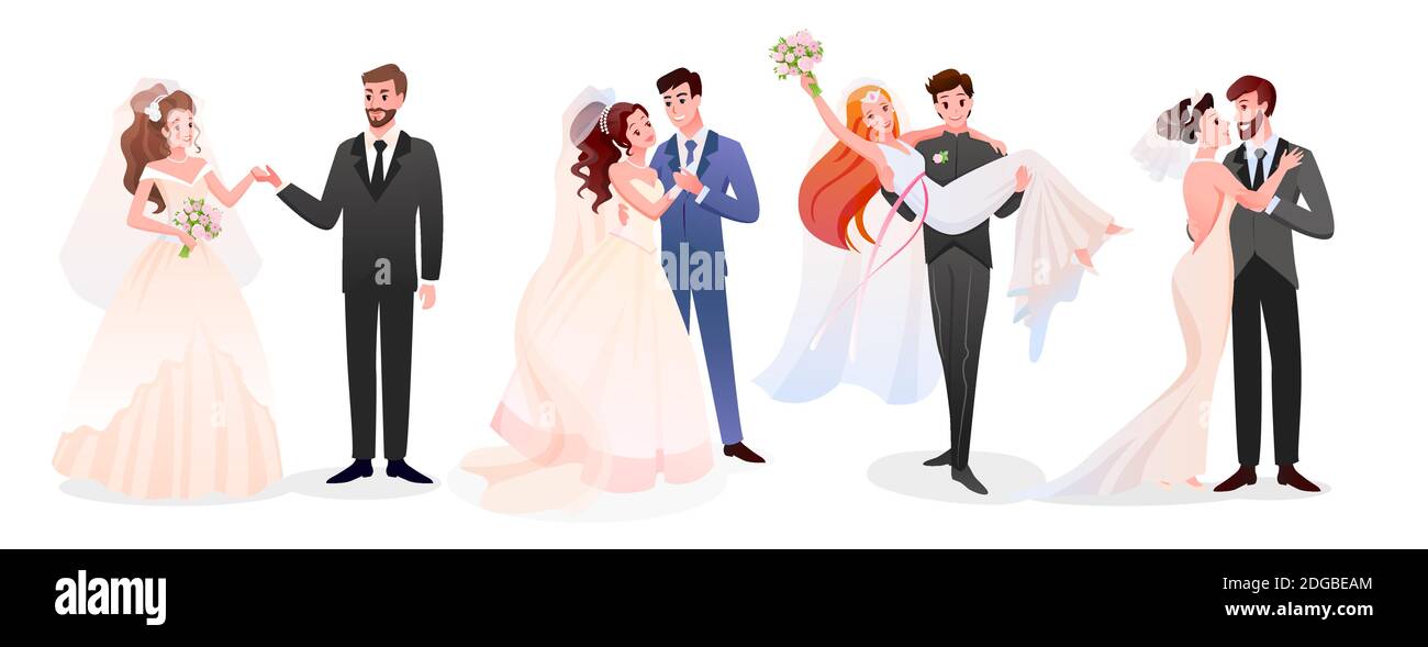Marriage wedding couple vector illustration collection. Cartoon happy just married couples characters standing together, cute newlywed bride and groom Stock Vector