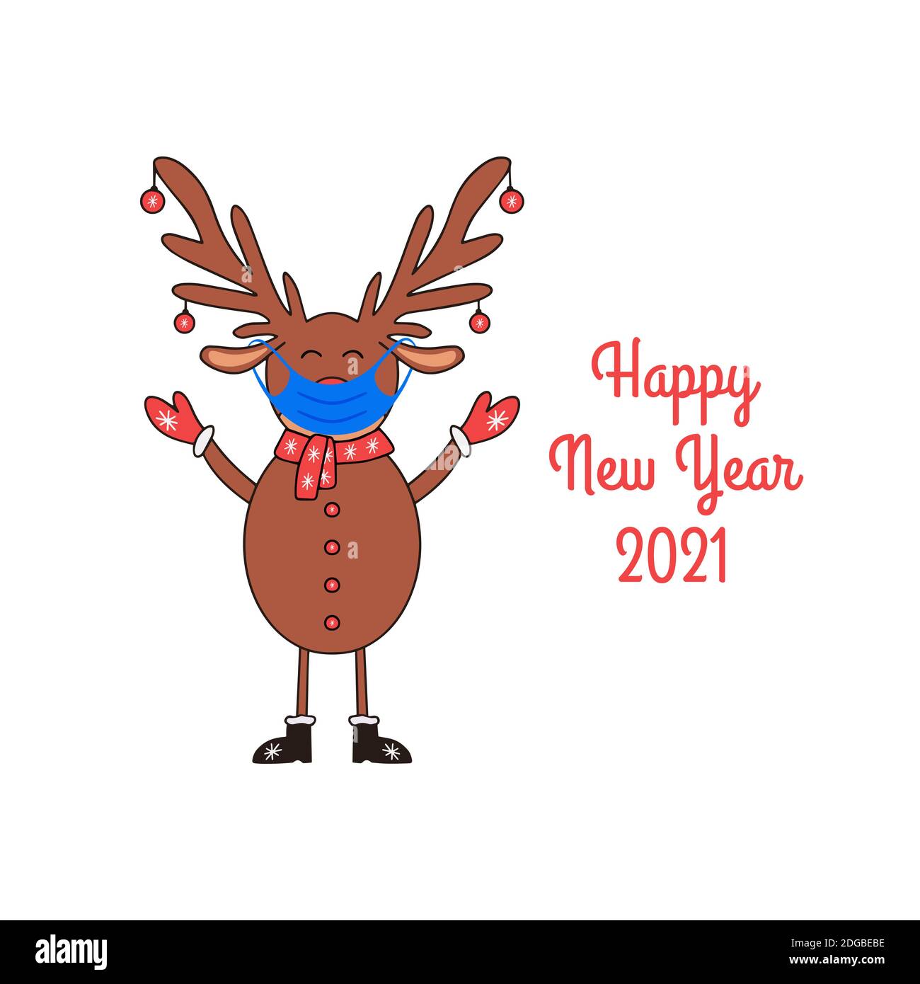 Happy New Year greeting card with cute Deer in medical mask on white background. Stock Vector