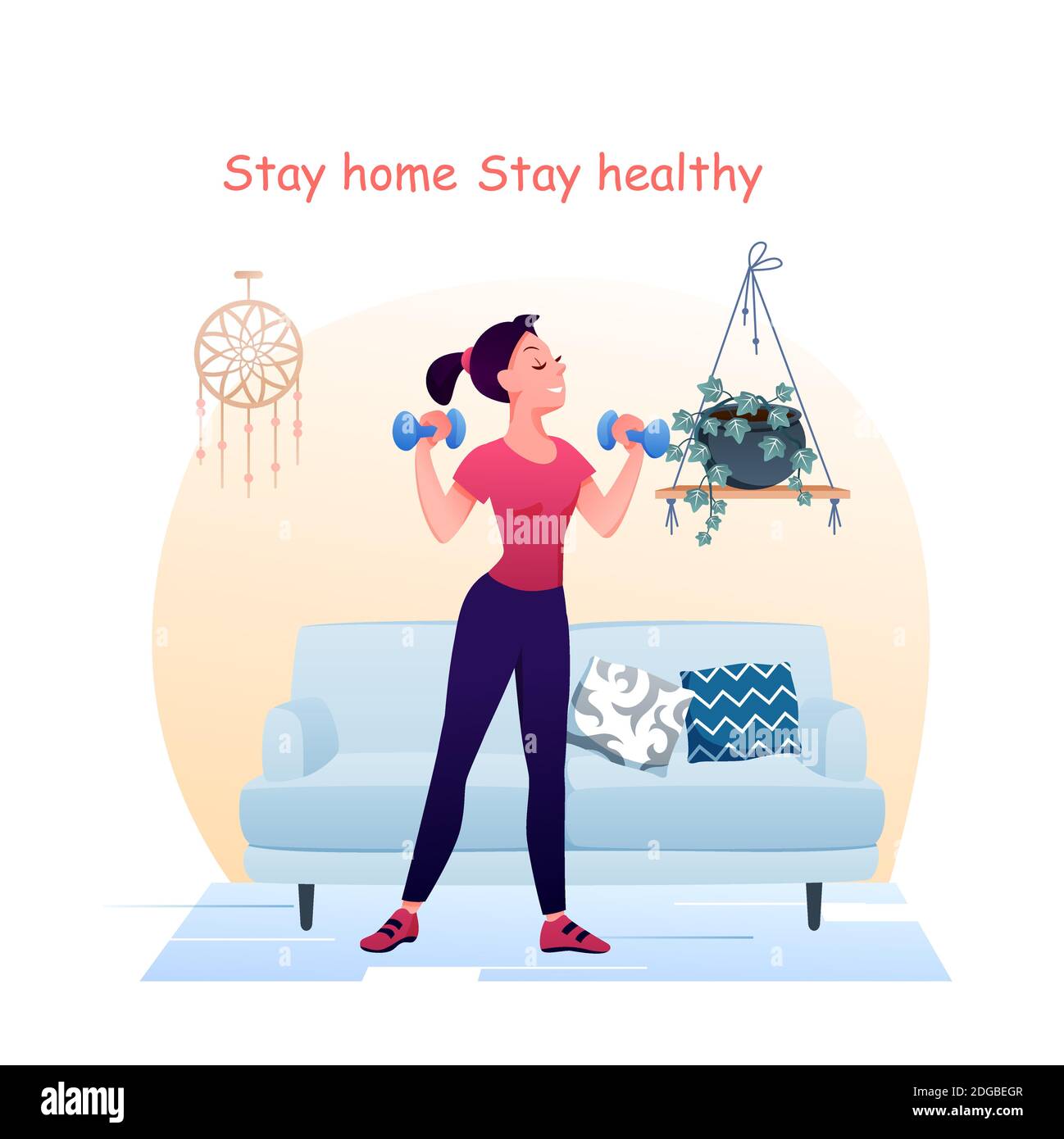 Young pretty woman does sport exercises with dumbbells at home. Coronavirus outbreak concept background. Stay at home in quarantine for healthy sport Stock Vector