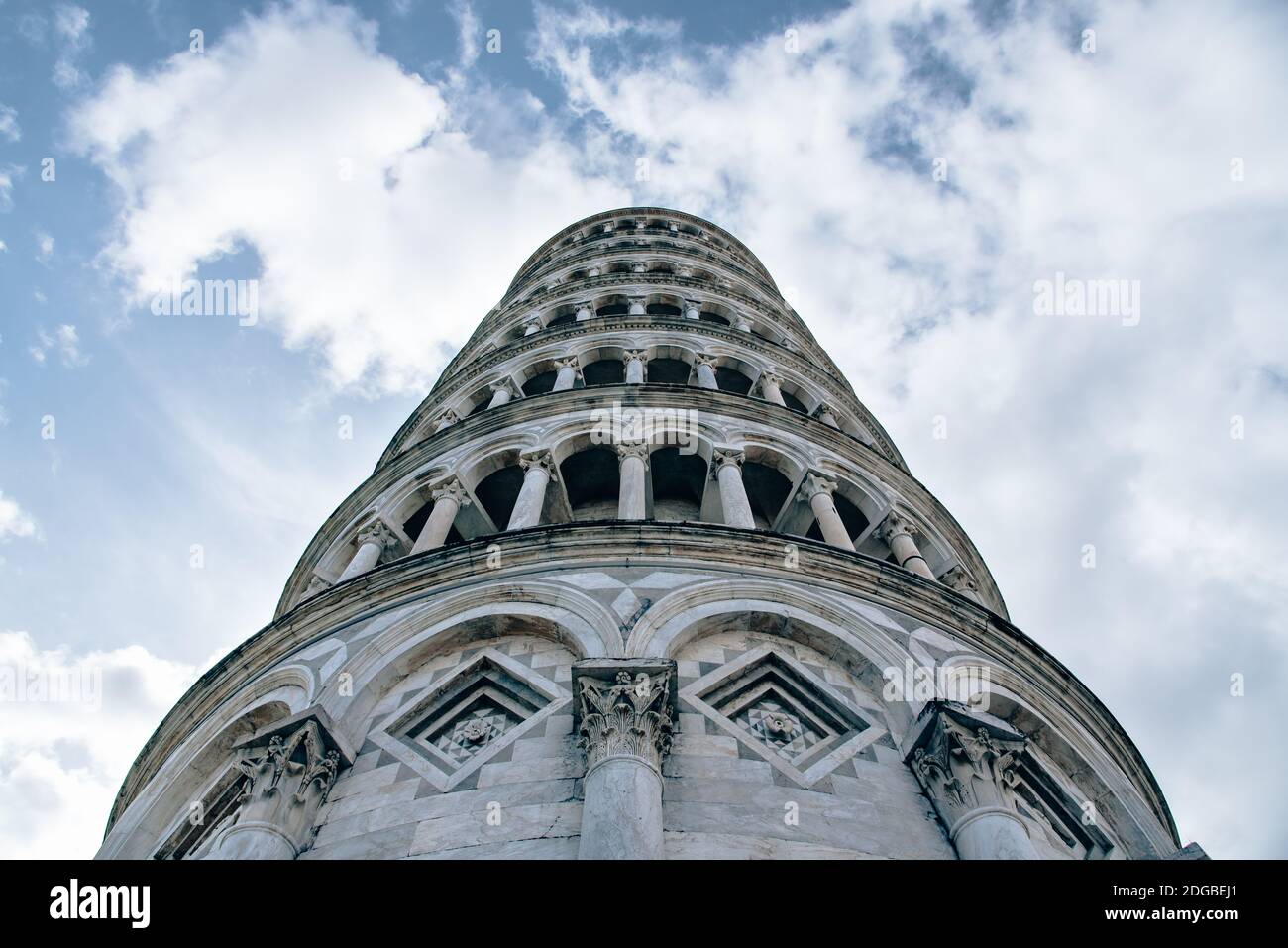 Leaning Tower of Pisa photographed from below. Not leaning today Stock