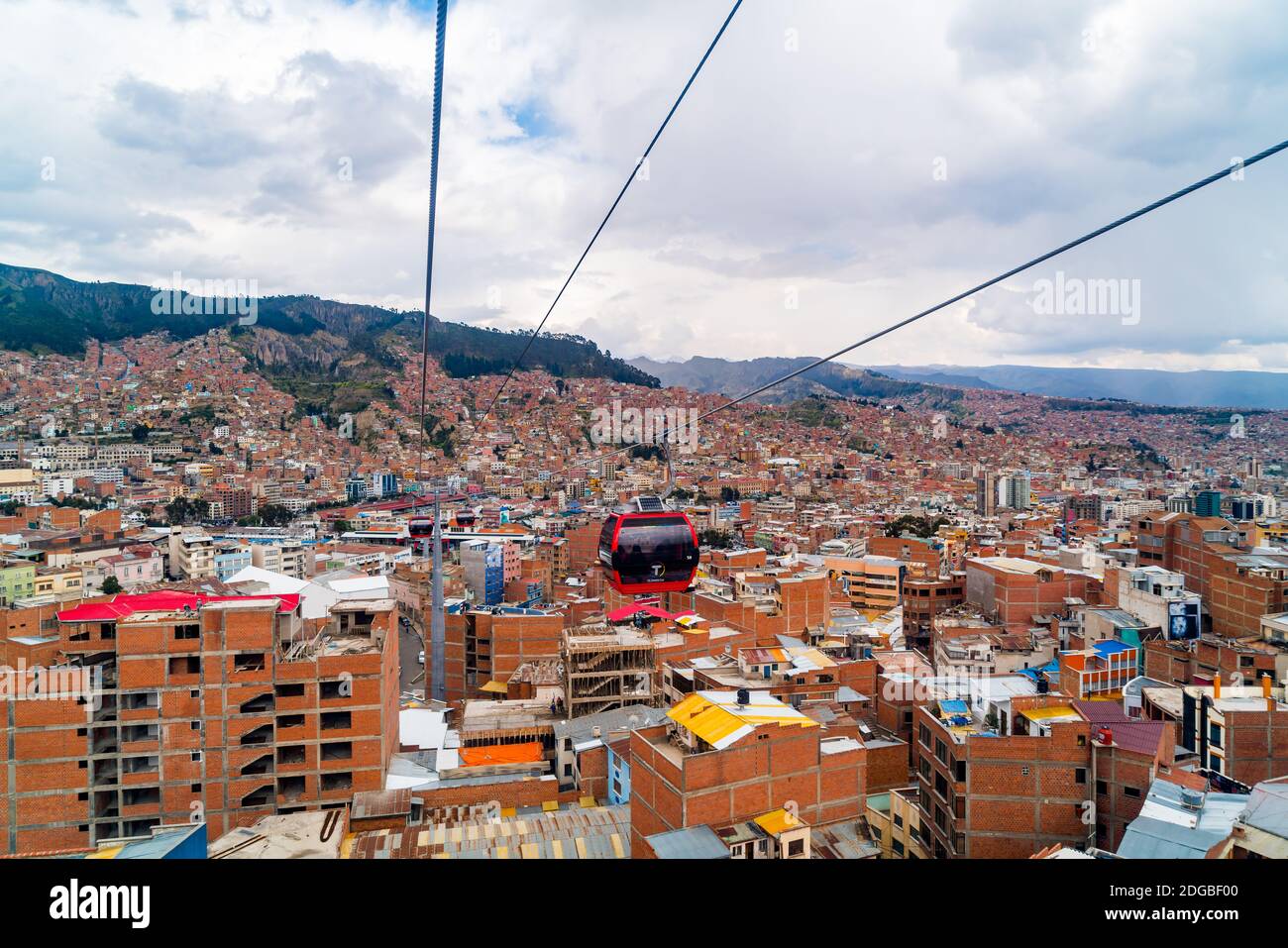 Aerial view of La Paz and Mi Teleferico cable cars carry passengers between the City of El Alto and Stock Photo