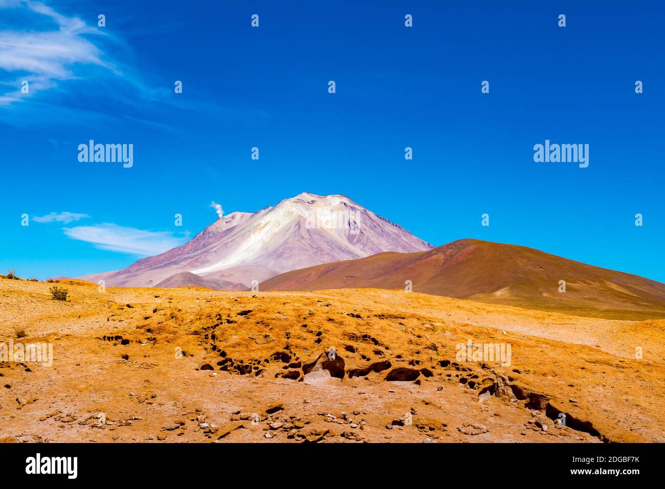 Natural landscape of active volcano Ollague at the Bolivia  - Chile border Stock Photo