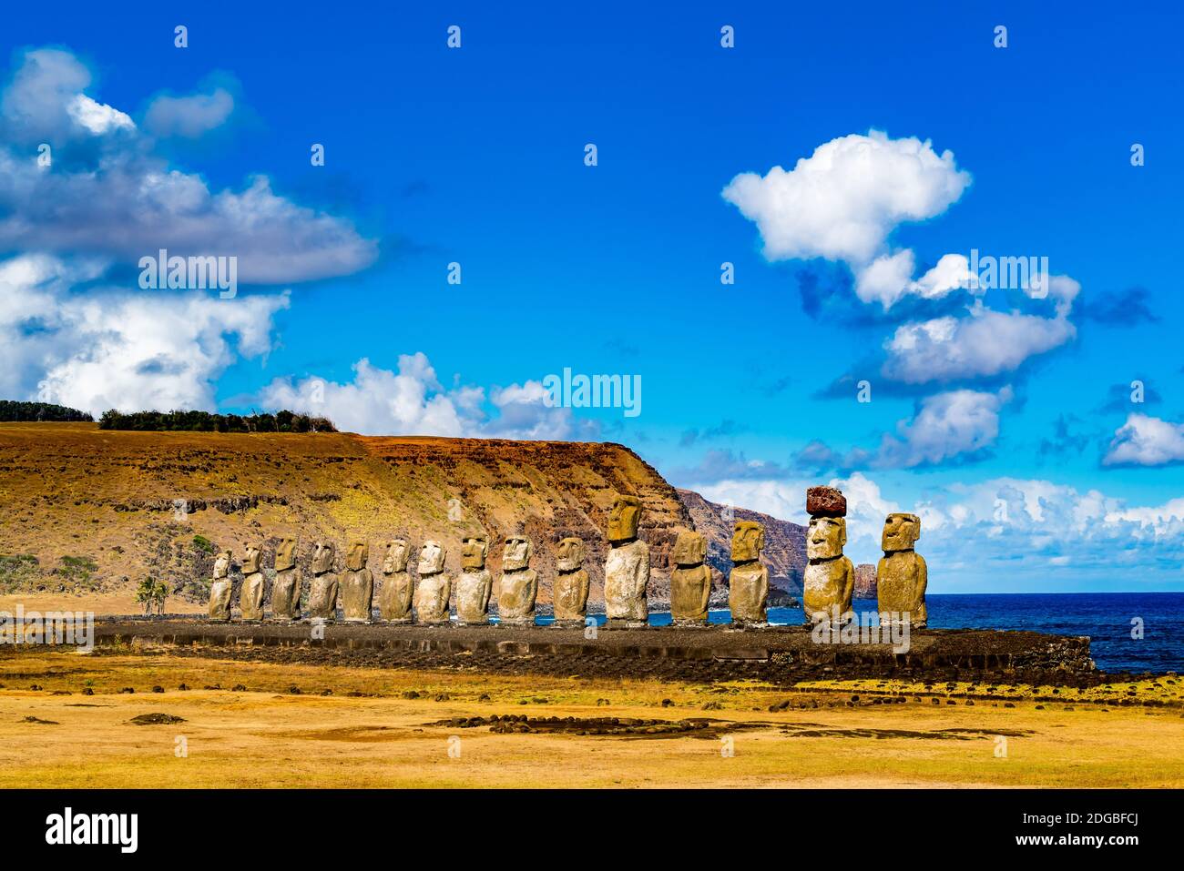 Moai in Ahu Tongariki at Rapa Nui National Park on Easter Island Stock Photo