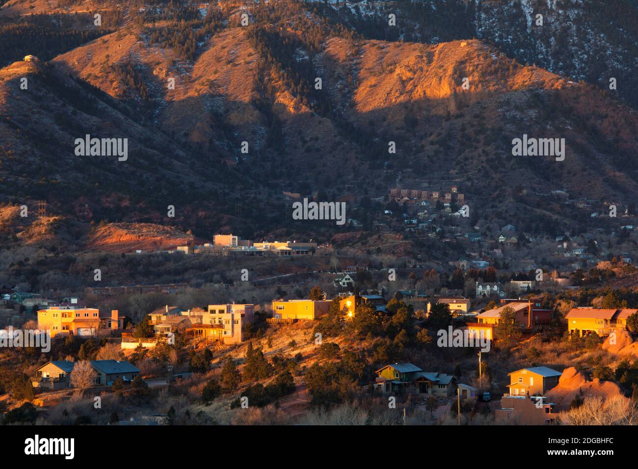 Elevated view of Manitou Springs from Garden of the Gods, Colorado Springs, Colorado, USA Stock Photo