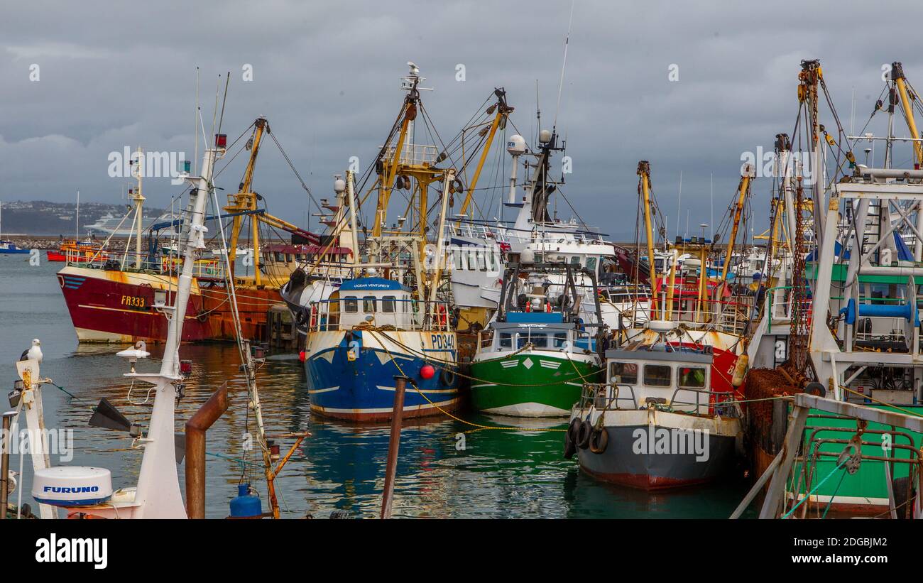 2020 Trawlers of the South Devon fleet moored up in Brixham harbour Stock Photo