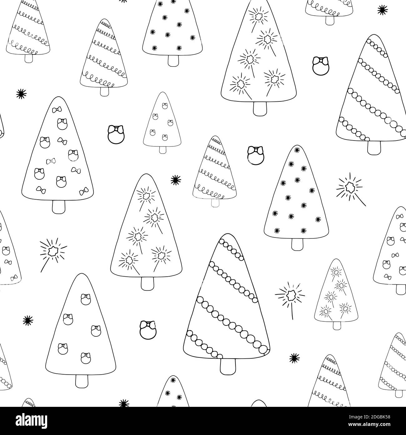 Christmas tree hand drawn doodle style seamless vector pattern, minimalist illustration, winter holiday decor, happy holidays celebration, family gath Stock Vector
