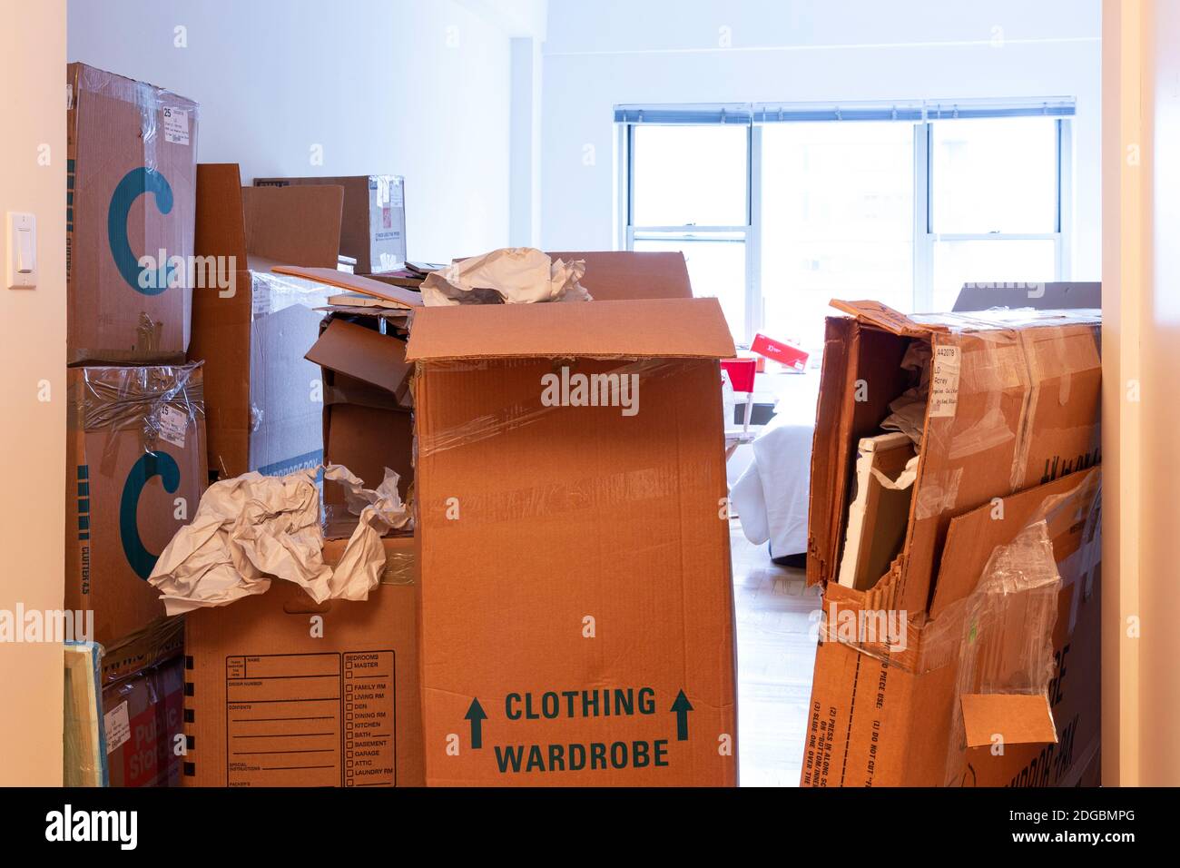 Stacks of cardboard moving boxes overwhelm a small New York City apartment, USA Stock Photo Alamy
