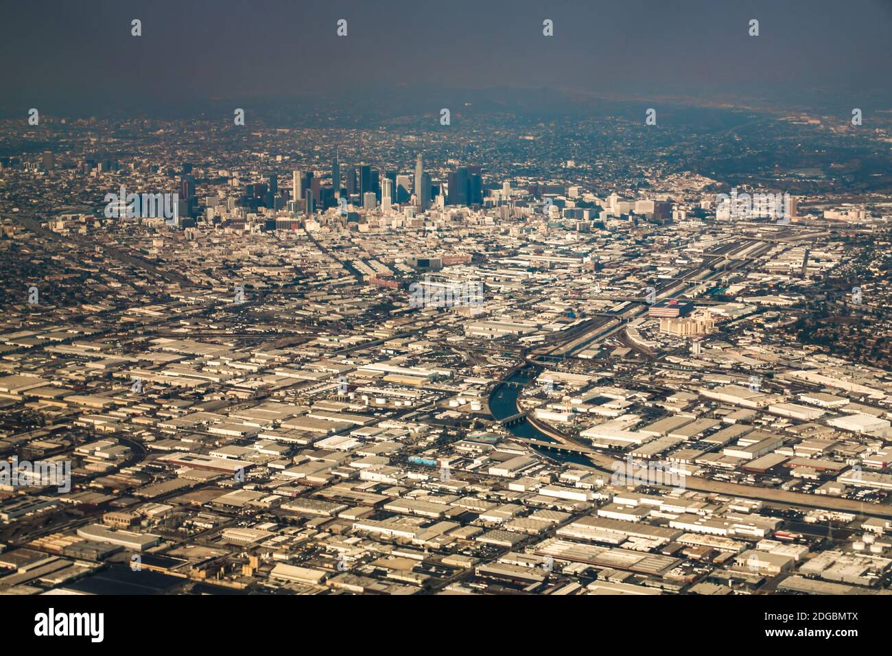 Downtown los angeles skyline and suburbs from airplane and smoke from wild fires Stock Photo