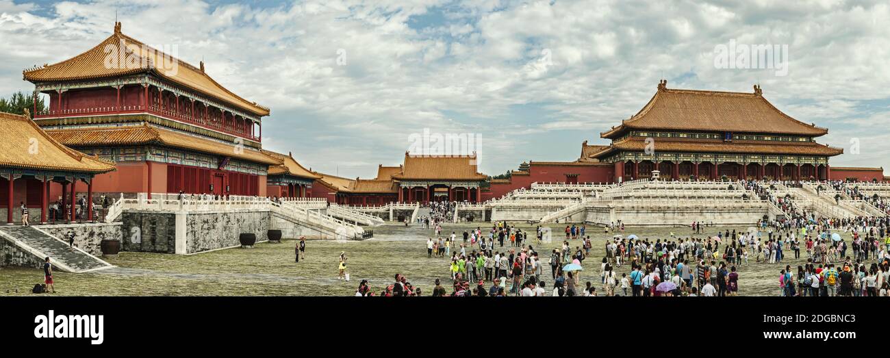 Tourists in courtyard of a palace, Hall of Supreme Harmony, Forbidden City, Beijing, China Stock Photo