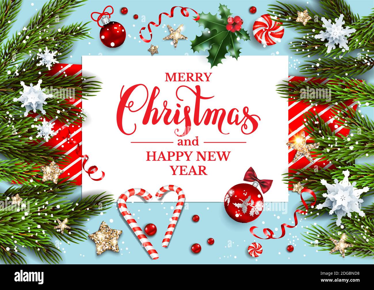 Festive template with tree branches and festive decorations Stock Vector