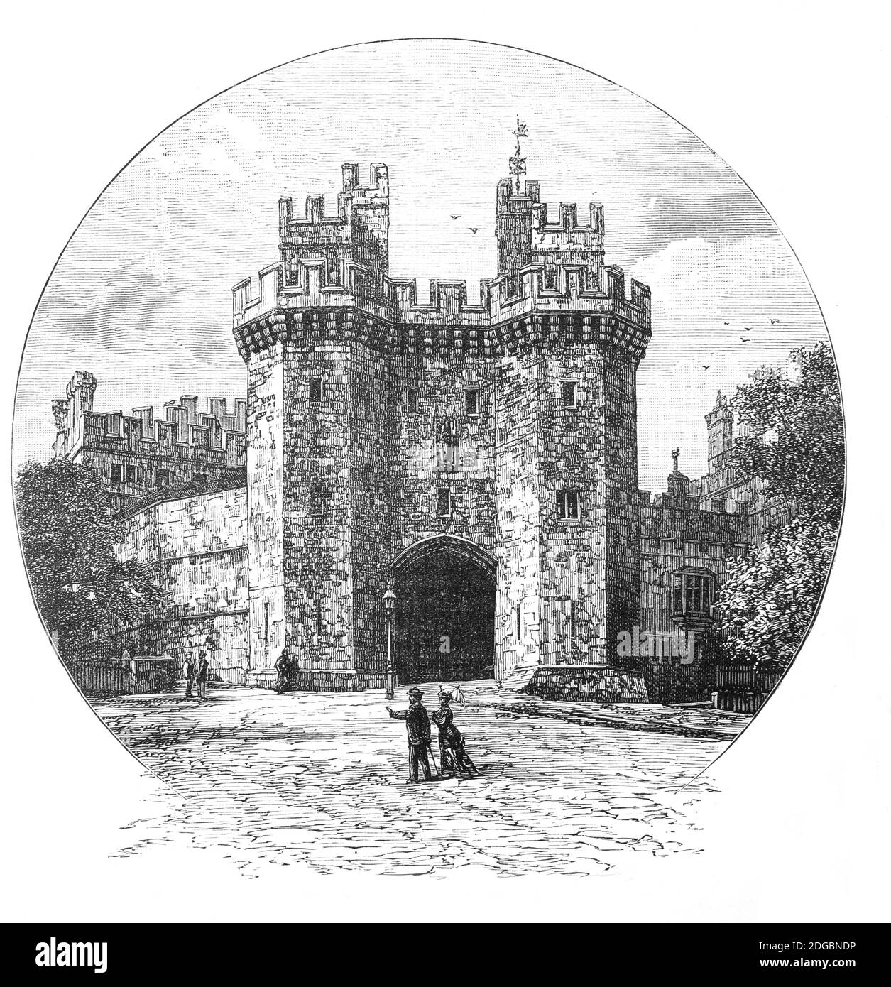 A late 19th Century view of the gateway to medieval Lancaster Castle, circa 1090, Lancashire, England. In the 14th Century, the Scots invaded England and damaged the castle. It was not to see military action again until the English Civil War when Parliamentarians captured the castle in 1643. It remained under Parliamentarian control until the end of the war. In 1648 the town withstood a siege from the Royalist Duke of Hamilton; when King Charles was executed in 1649 Parliament again ordered the dismantling of the castle, apart from administative buildings and use as a county gaol. Stock Photo