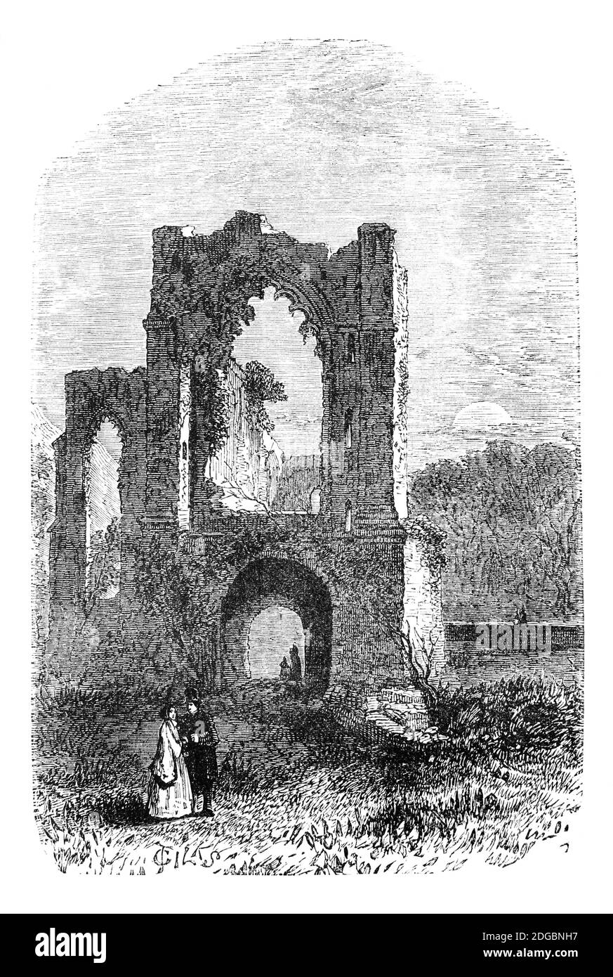 A late 19th century view of ruined Gothic Furness Abbey, near Barrow-in-Furness, Cumbria, England founded in 1123. It became the second-wealthiest and most powerful Cistercian monastery in the country, despite being in what was then a remote border territory where they  found themselves in between the Scots and English. When Robert the Bruce invaded England, during The Great Raid of 1322, the abbot paid to support him, rather than risk losing the wealth and power of the abbey. The Abbey was dis-established and destroyed in 1537 during the English Reformation under the orders of Henry VIII. Stock Photo