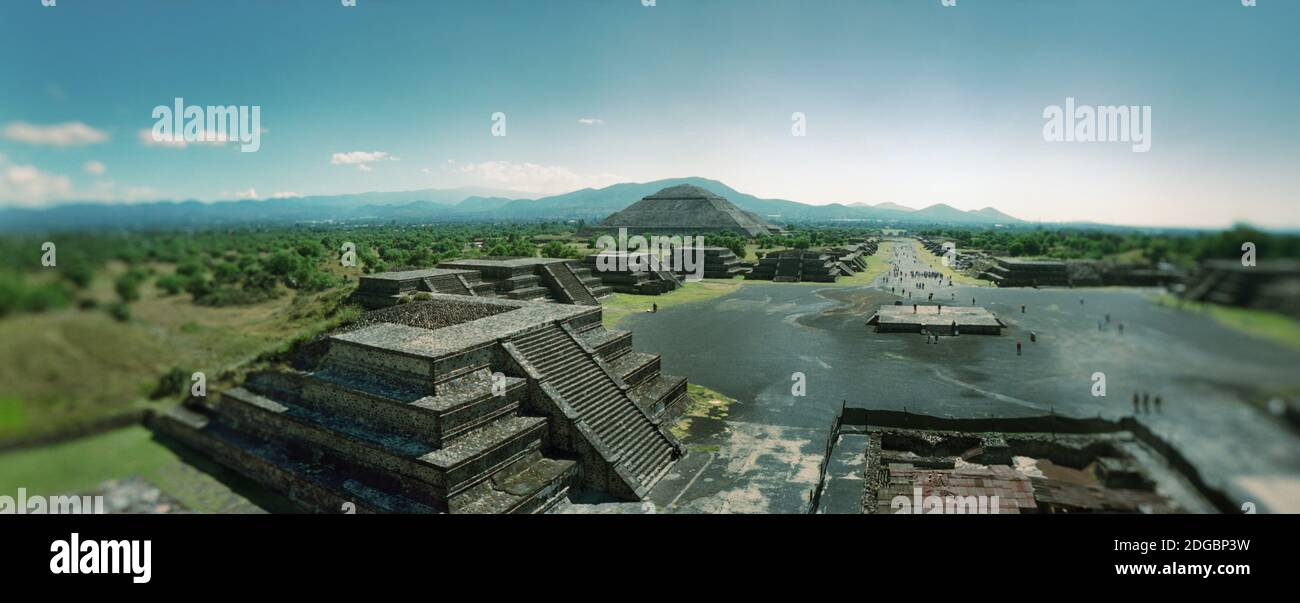 Elevated view of Teotihuacan pyramids archaeological site in the Valley of Mexico, Mexico Stock Photo