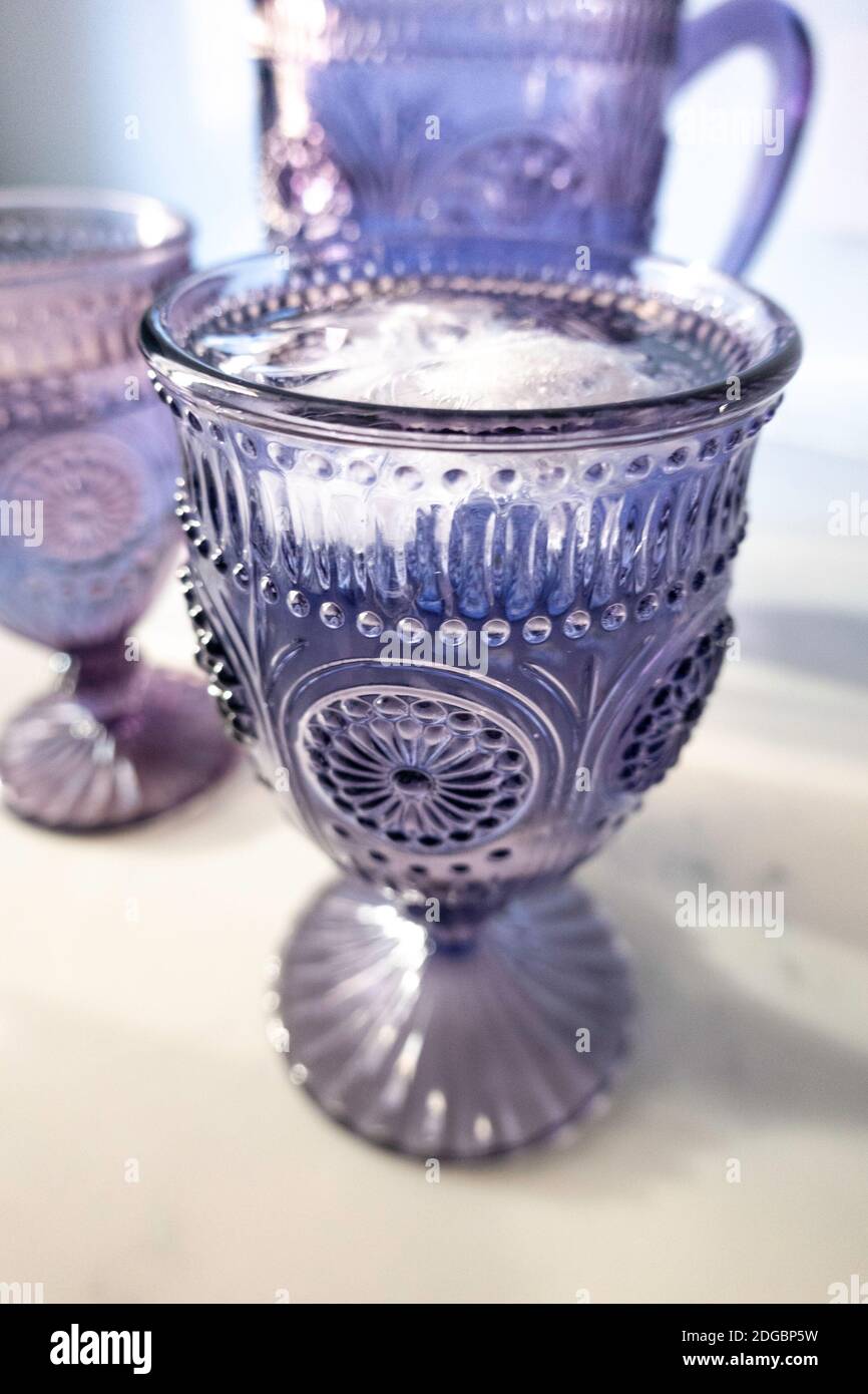 Amethyst colored glassware still life, USA Stock Photo