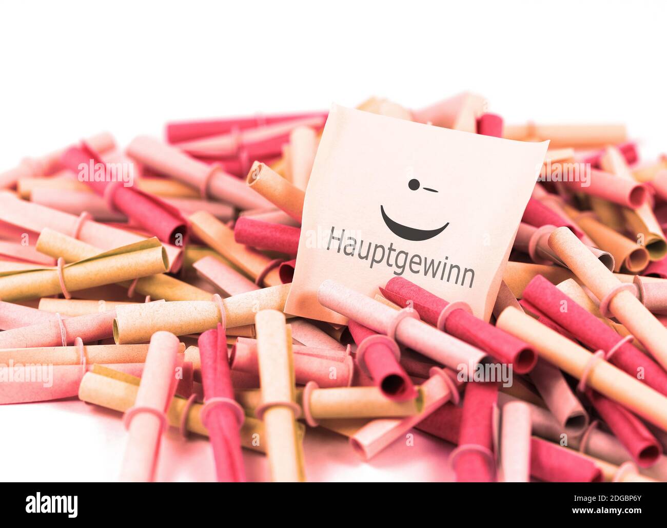 Many lottery tickets with a winning ticket labeled 'hauptgewinn', translation 'main prize' Stock Photo