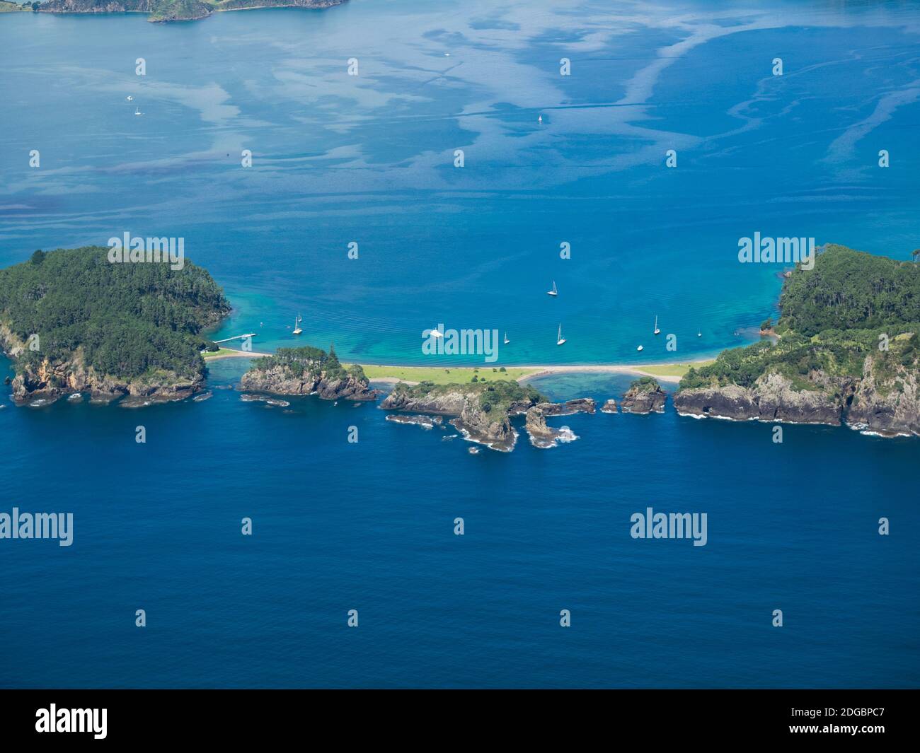 Aerial view of islands in the sea, Motuarohia Island, Bay of Islands, Northland, North Island, New Zealand Stock Photo