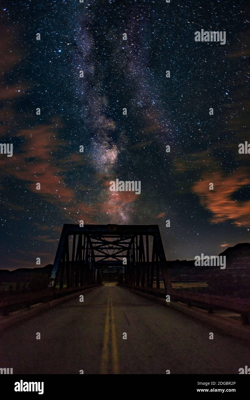 Silhouette of Morrin Bridge at night, Highway 27, Morrin, Alberta, Canada Stock Photo