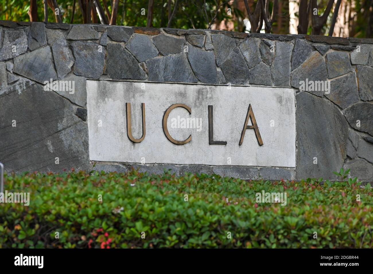 Signage reads “UCLA” near campus on Tuesday, December 8, 2020, in Los Angeles. (Dylan Stewart/Image of Sport) Stock Photo