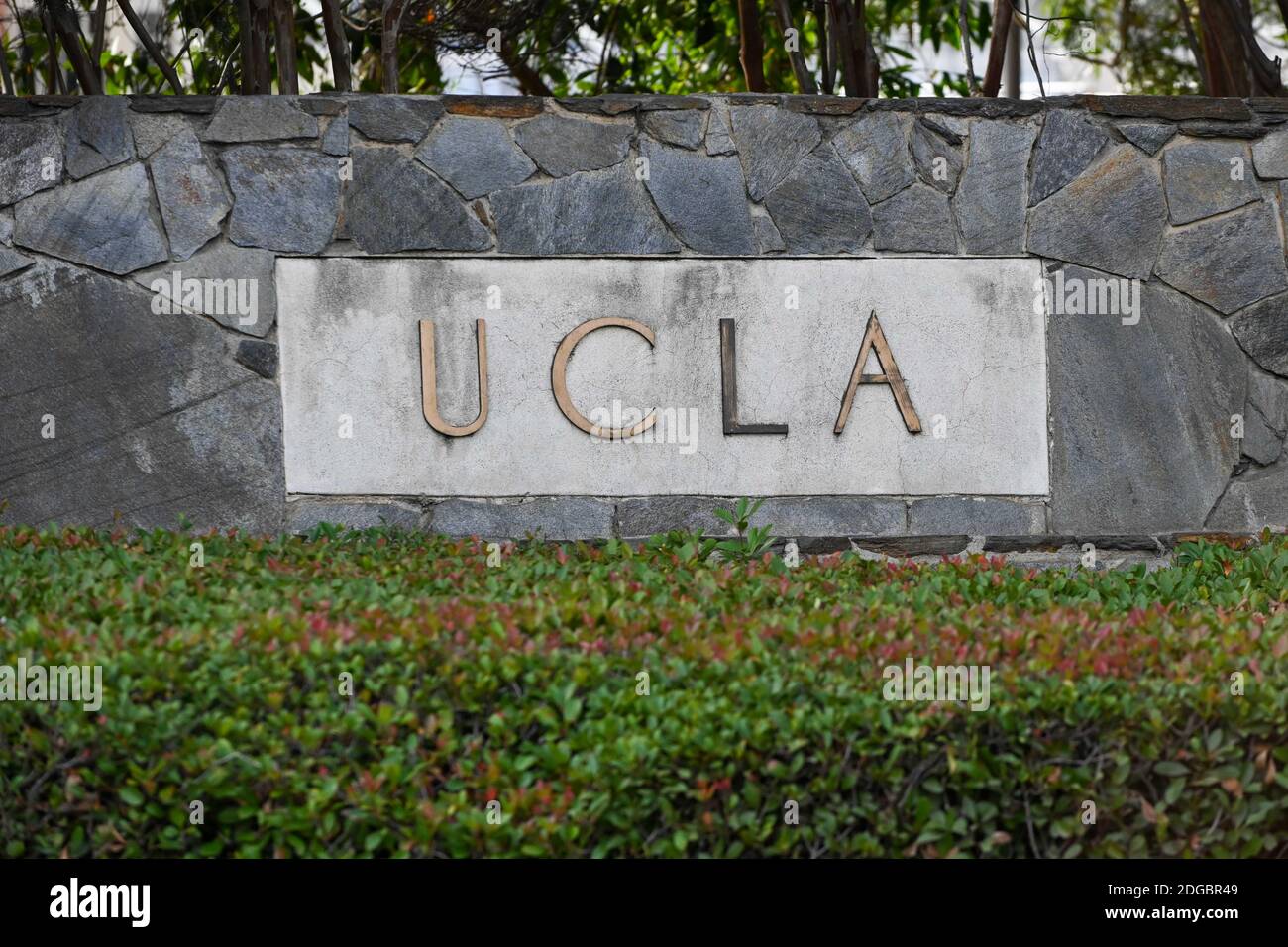 Signage reads “UCLA” near campus on Tuesday, December 8, 2020, in Los Angeles. (Dylan Stewart/Image of Sport) Stock Photo