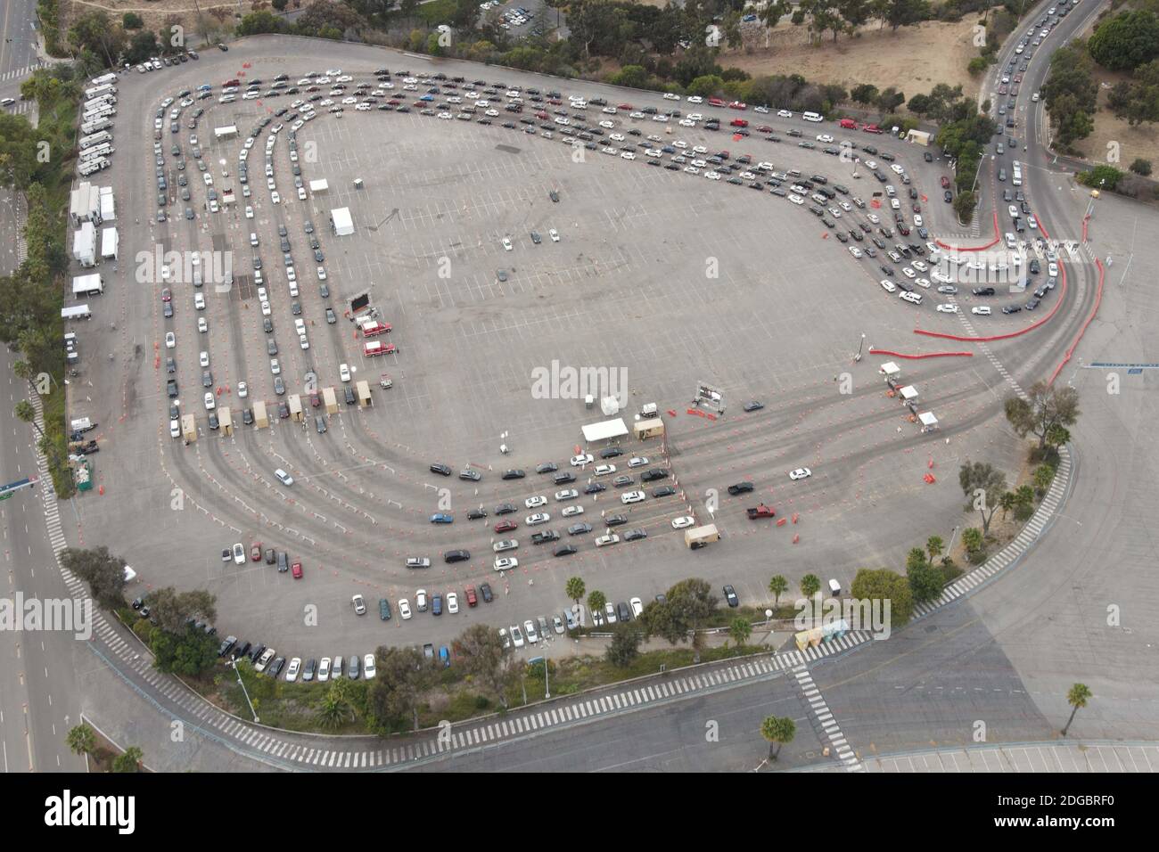 General overall aerial view of COVID19 drivethru testing at Dodger