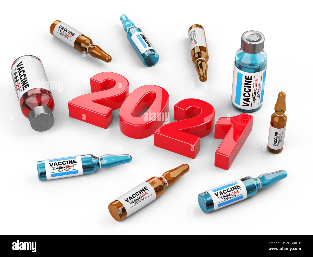 New Year 2021, around a syringe, flasks and vaccine bottles. The concept of global problems of humanity is the fight against a pandemic. 3d illustrati Stock Photo
