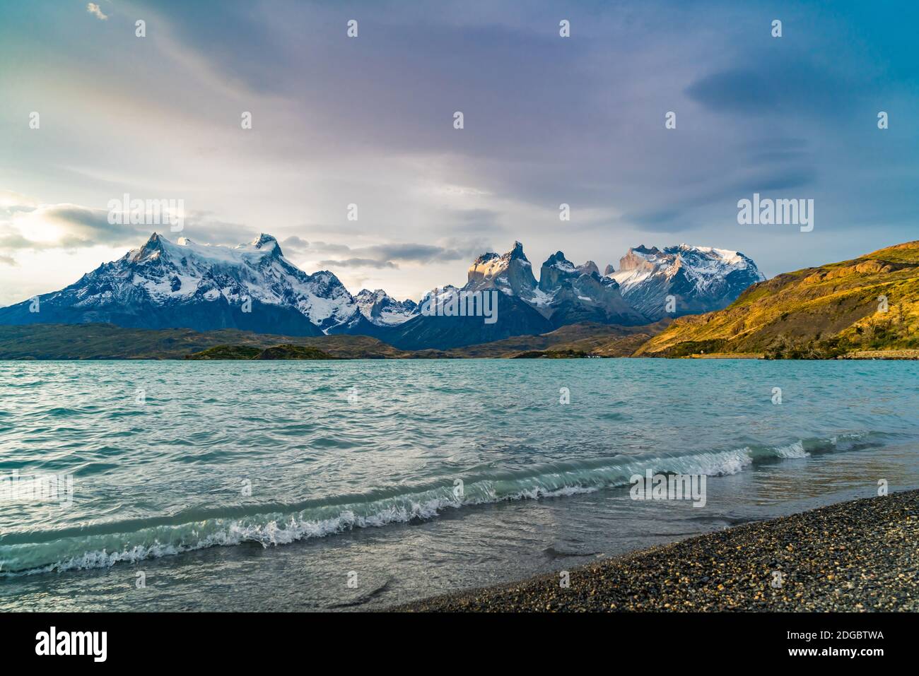 View of Cuernos del Paine mountains and Pehoe Lake in the evening Stock Photo