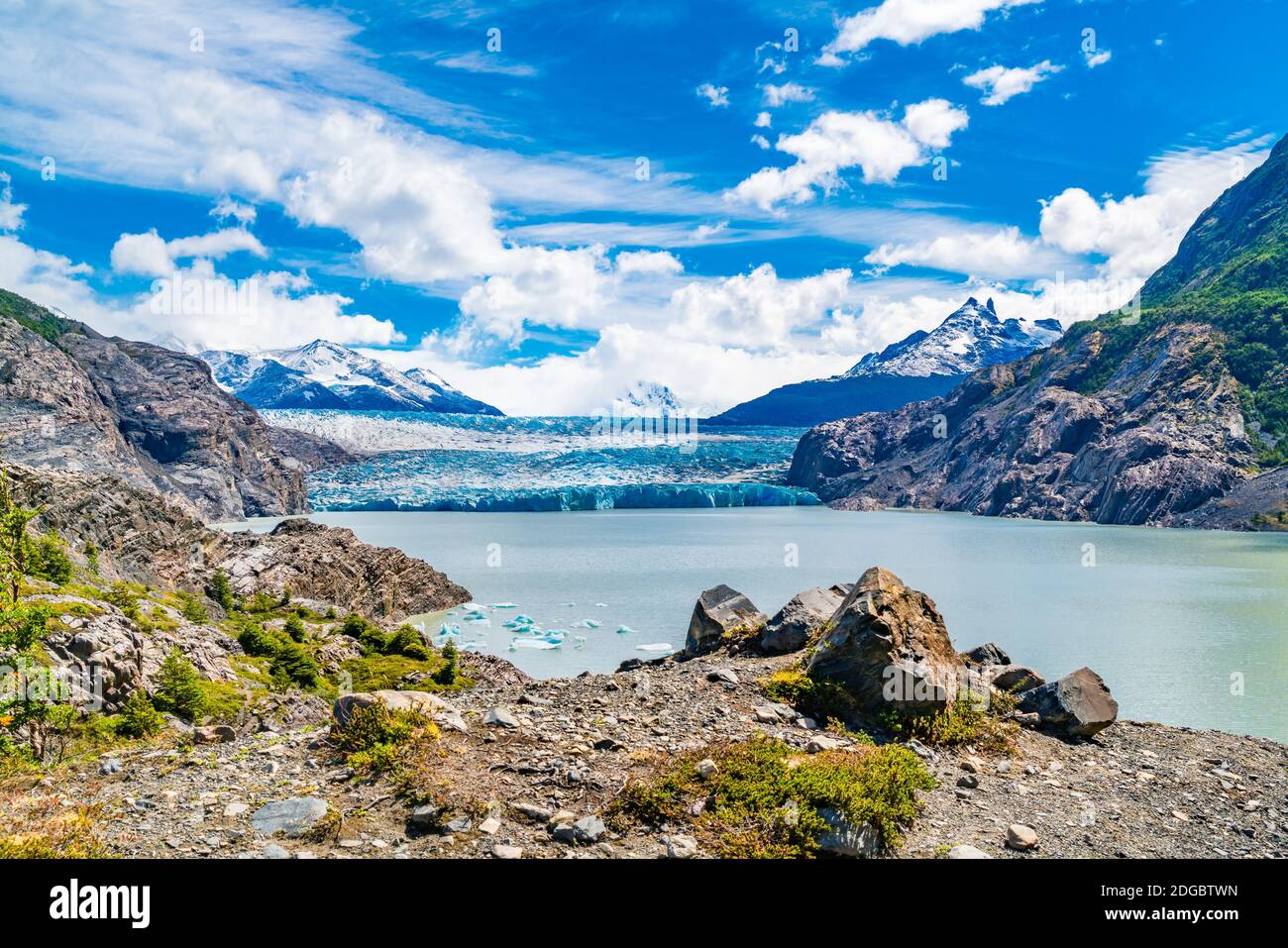 View of Grey Glacier with Iceberg floating in Grey Lake at Torres del Paine National Park in Souther Stock Photo