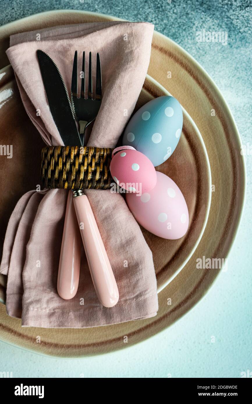 Easter place setting with Easter egg decorations Stock Photo